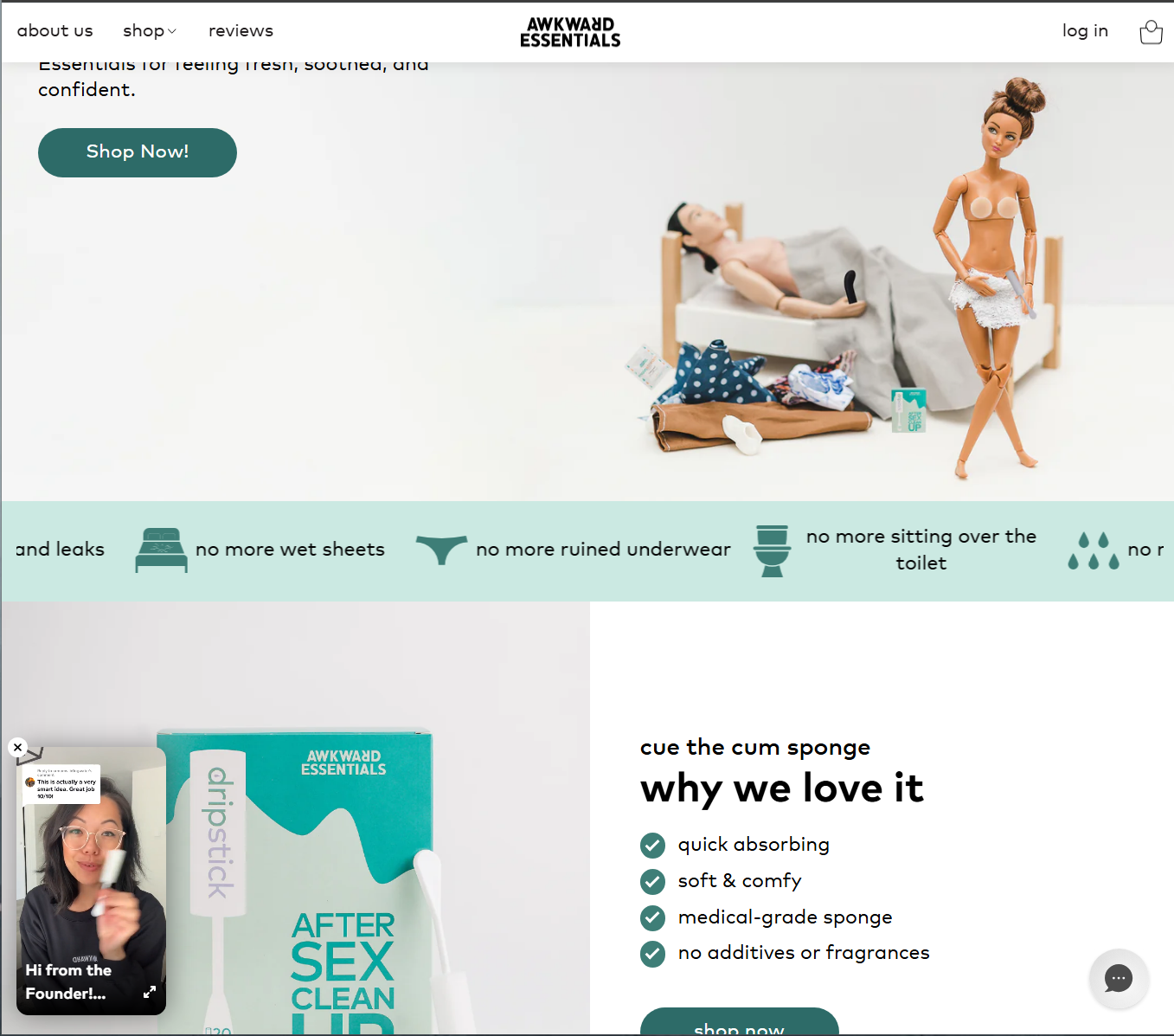 The Awkward Essentials website: the direct-to-consumer brand Frances founded, showing the flagship product and its benefit callouts, with a founder video.